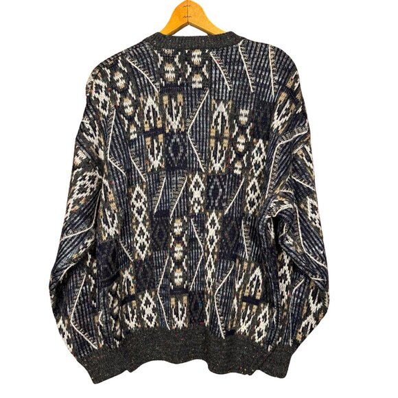 Vintage 90s Grandpa Sweater Knit Wool Blend Geometric Pullover Retro Slouchy - Picture 6 of 7